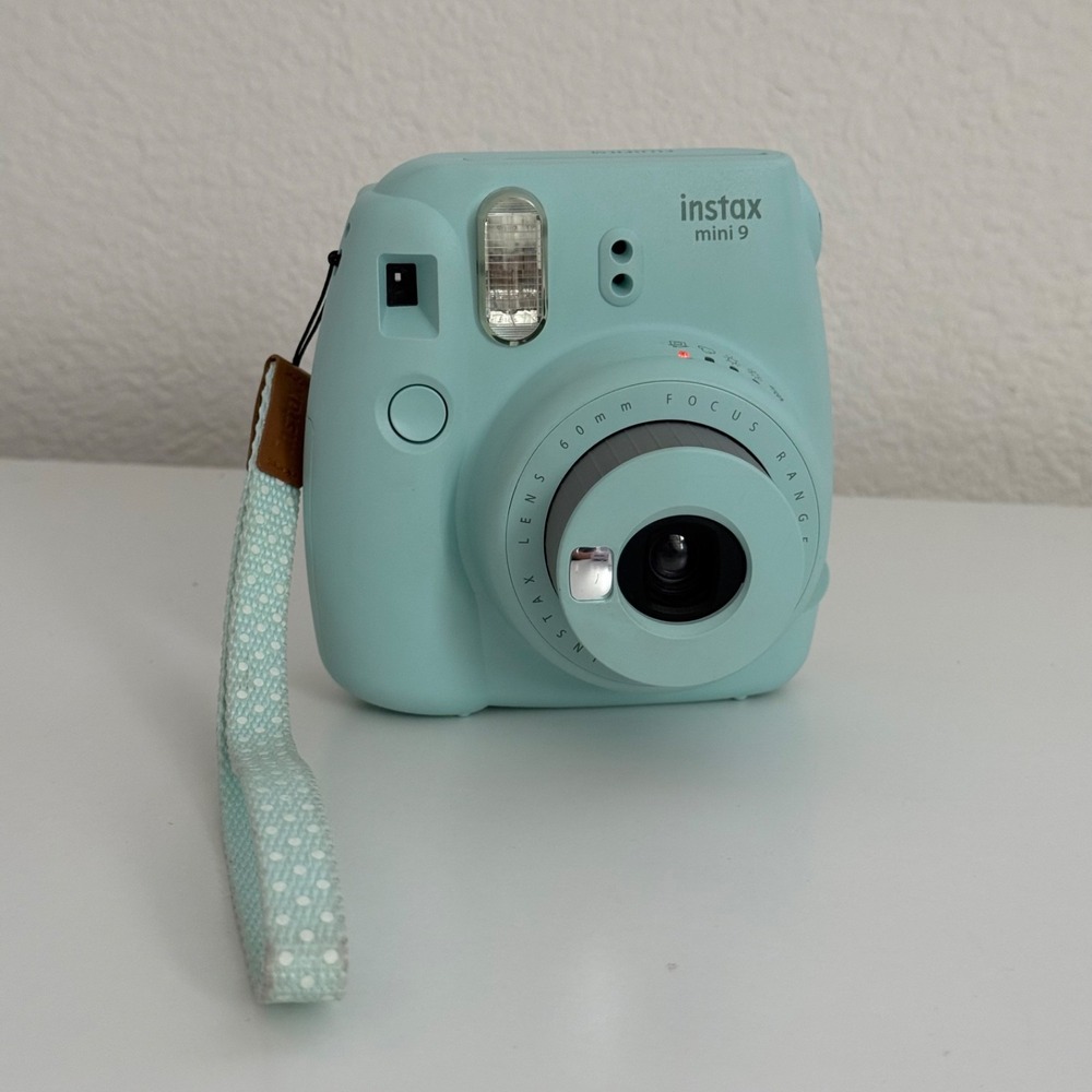 Fujifilm Instax Mini 9 Instant Film 60mm Camera Teal Ice Blue & Wrist Strap